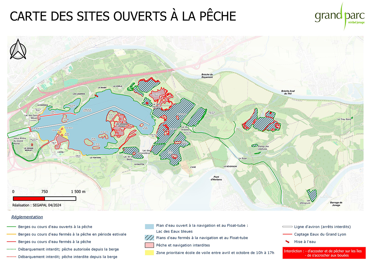 Carte des sites ouverts à la pêche (Lacs et cours d'eau du Grand Parc Miribel Jonage)