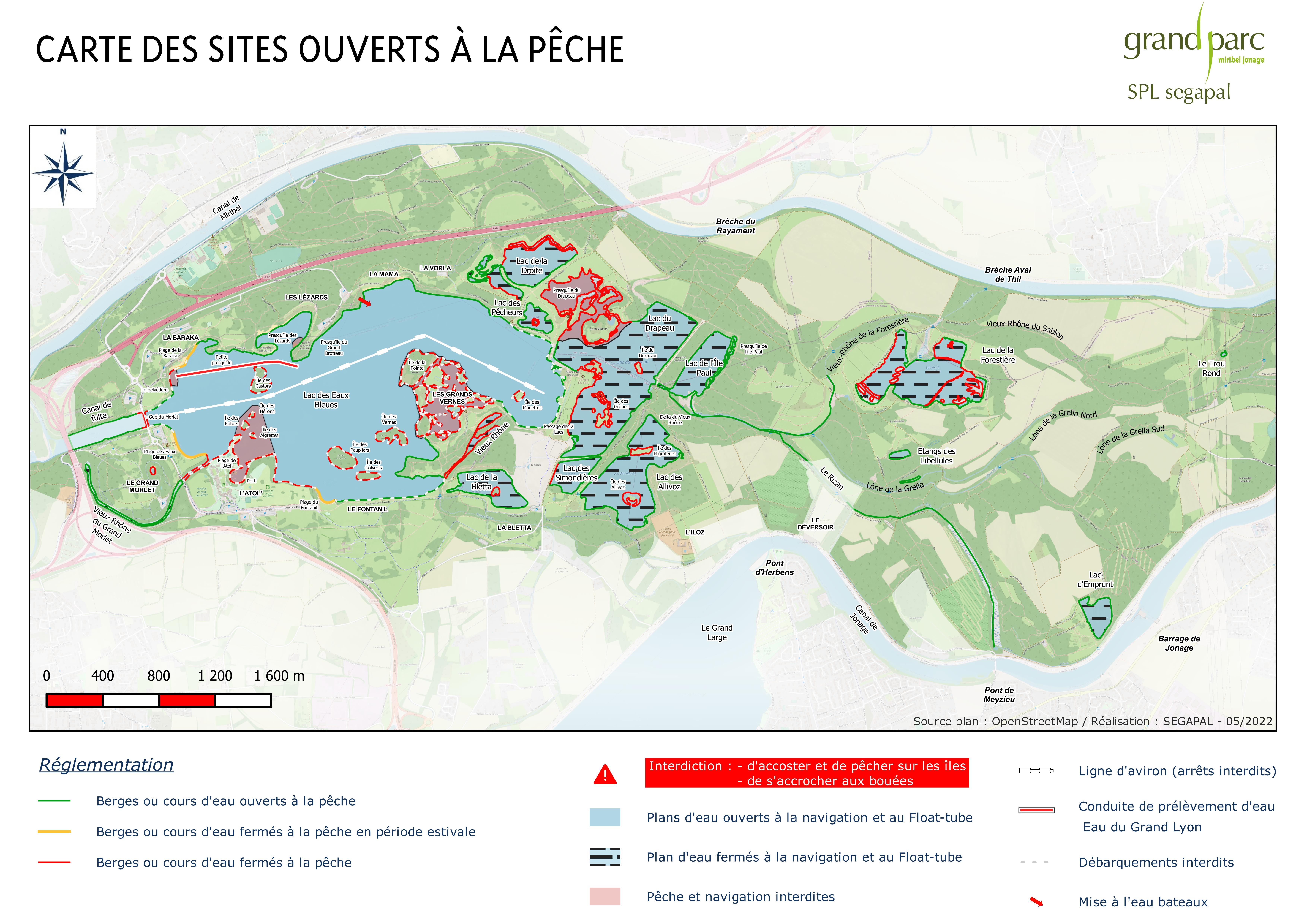 Carte des sites ouverts à la pêche (Lacs et cours d'eau du Grand Parc Miribel Jonage)
