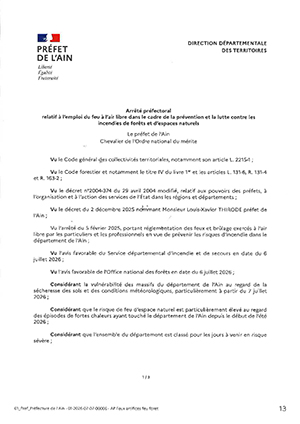 Arrêté préfectoral du Département de l'Ain règlementant l'usage du feu et à proximité des bois et forêts