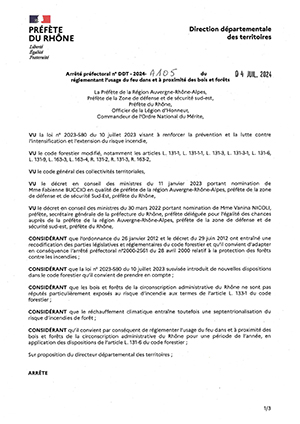 Arrêté préfectoral du Département du Rhône règlementant l'usage du feu et à proximité des bois et forêts