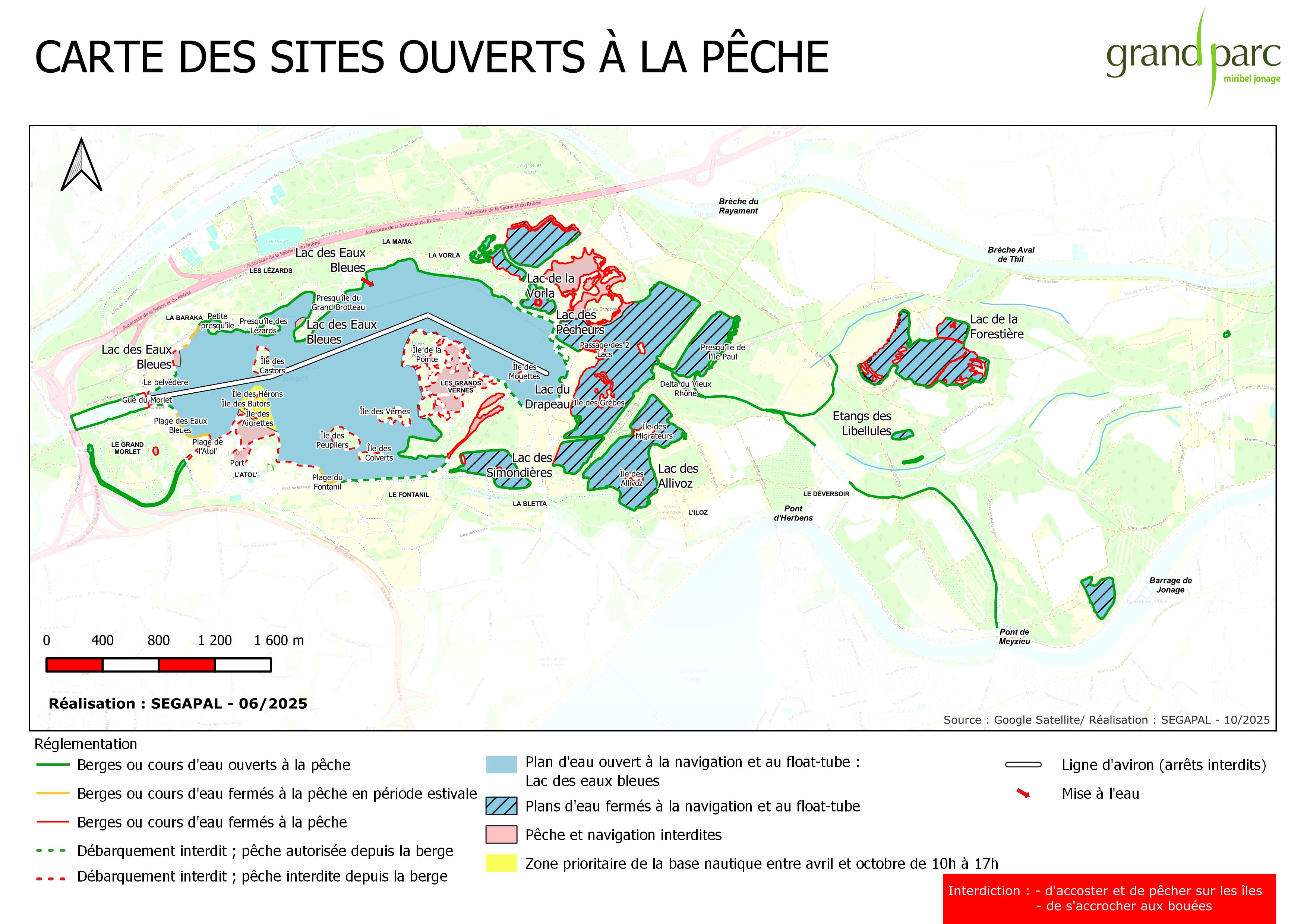 Carte des sites ouverts à la pêche (Lacs et cours d'eau du Grand Parc Miribel Jonage)